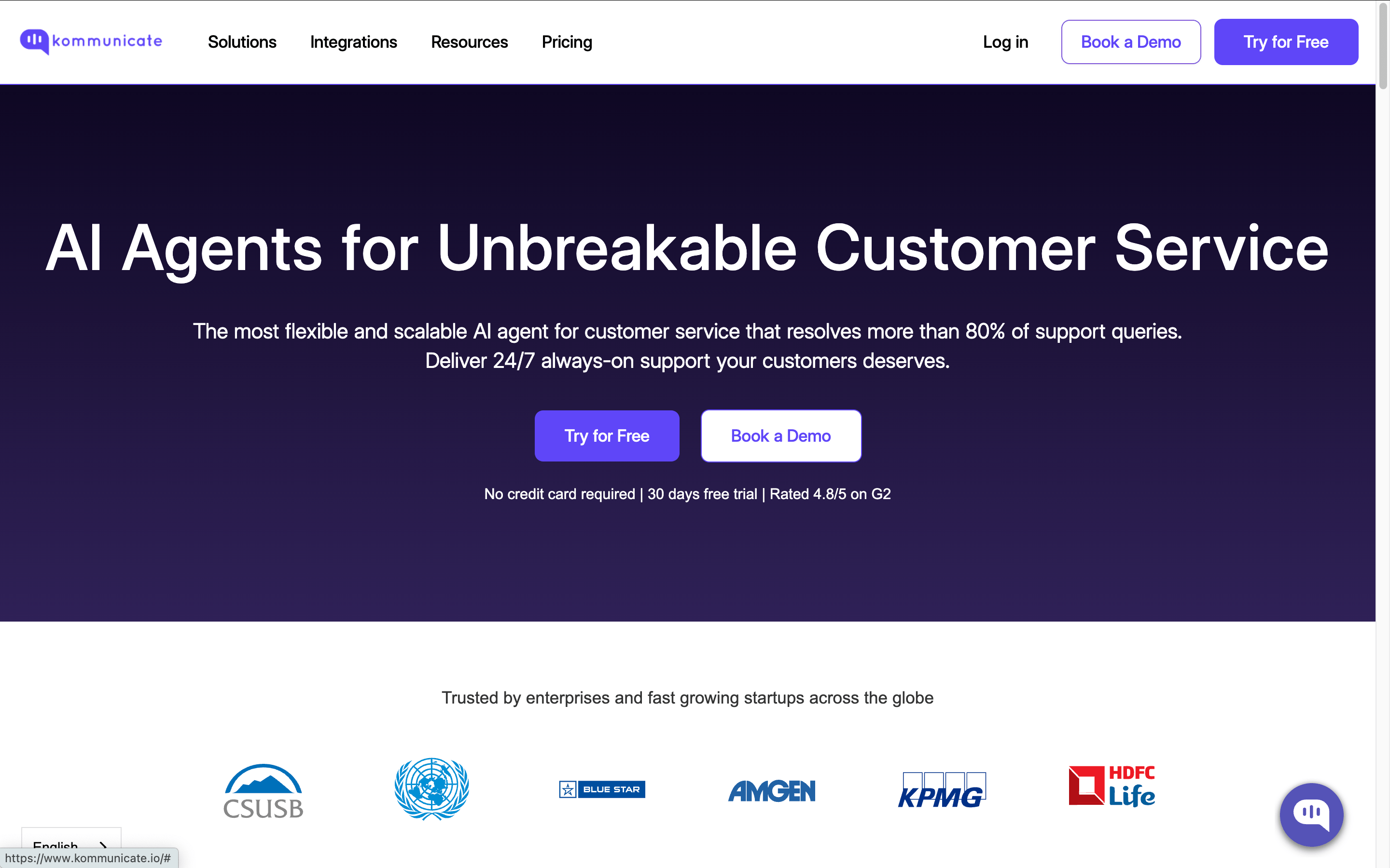 Screenshot of Kommunicate's homepage hero section. The image has the text "AI Agents for Unbreakable Customer Service" suggesting that using Kommunicate, businesses can be ensured that their customer support will never break.